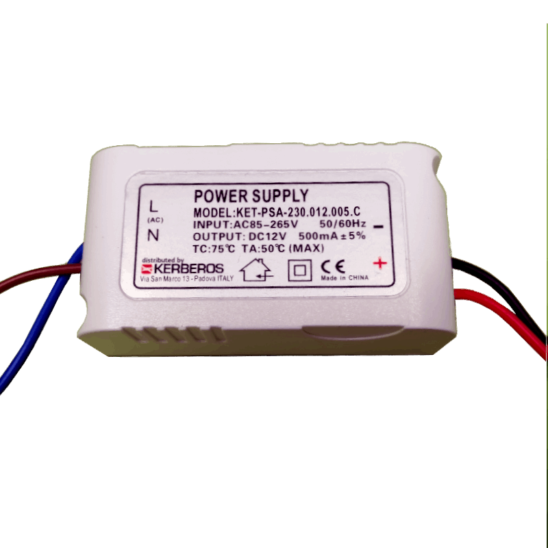 Alimentatore input 230V AC output 12V DC 5 Watt IP20 da scatola di derivazione con cavi